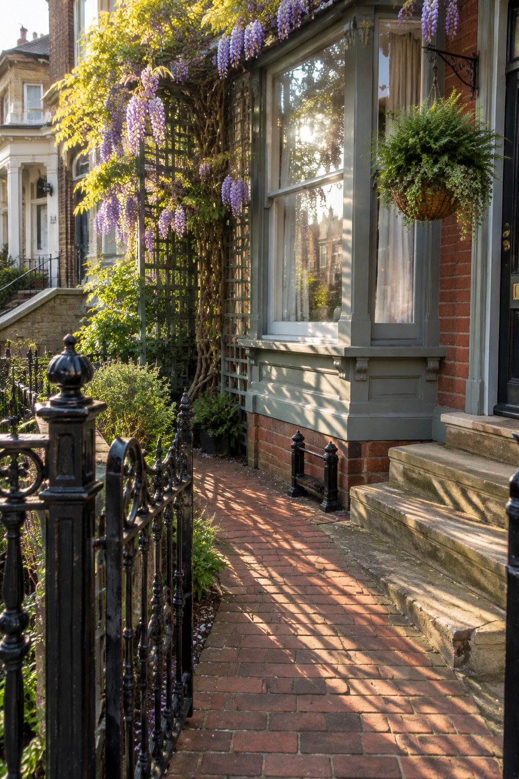 A brick walkway beside a house passes beneath wisteria growing on a trellis, with a black iron railing along the garden edge.