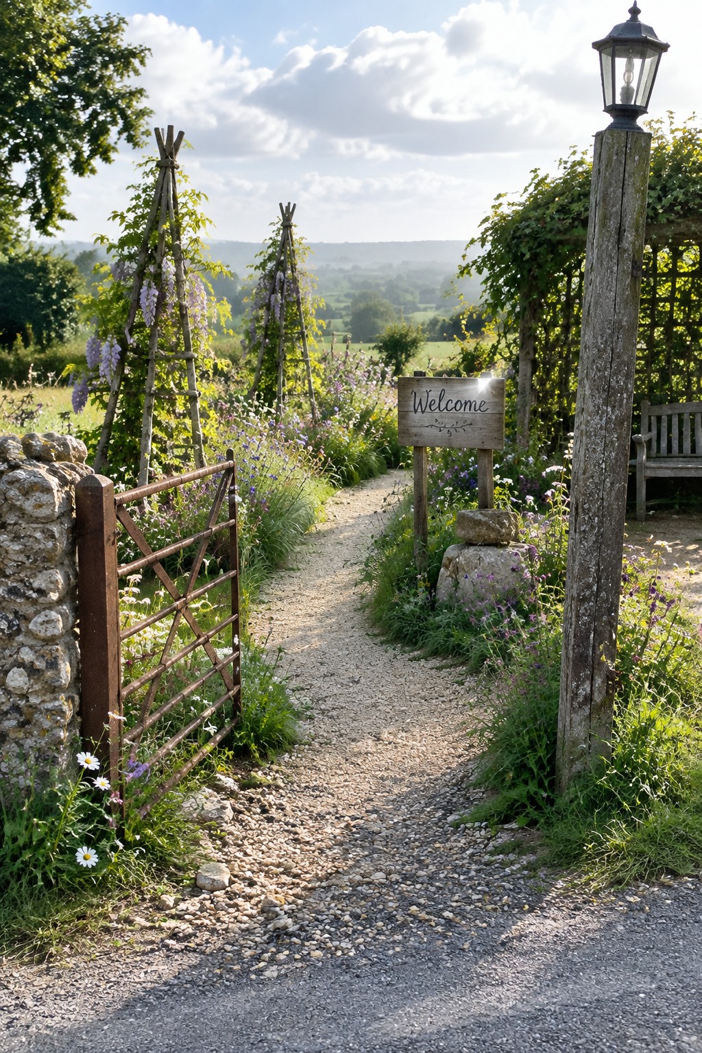 A gravel path passes through a flower garden beside a wooden gate and a sign that reads “Welcome.”