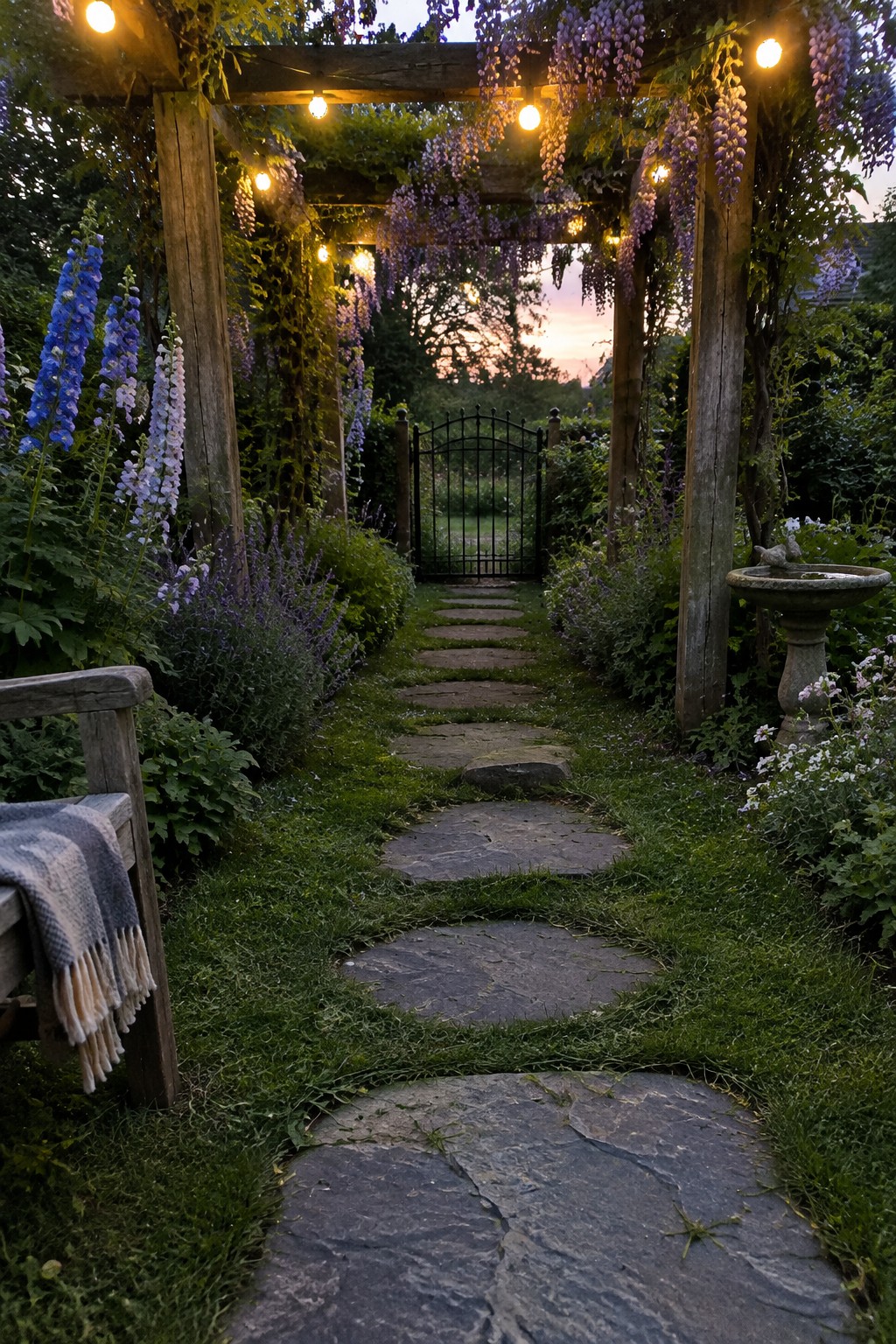 A stone path passes beneath a wooden pergola covered in wisteria and leads to a black garden gate.