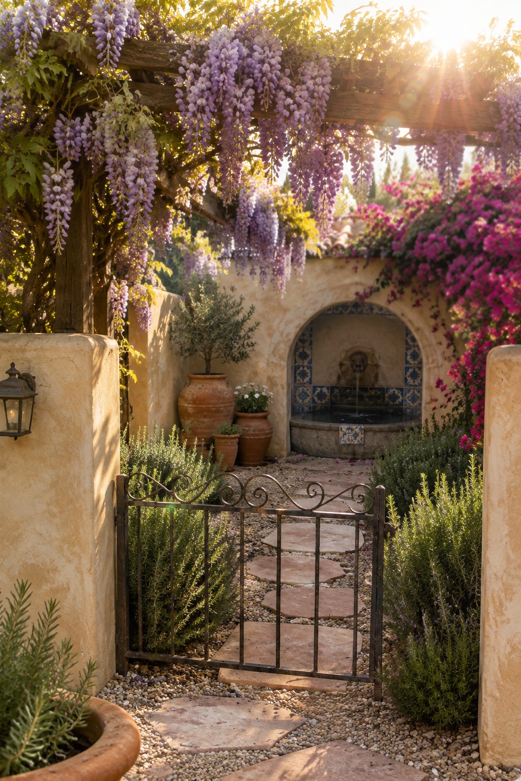 A metal gate and stepping-stone path lead to a tiled courtyard fountain beneath a wooden arbor covered in purple wisteria.