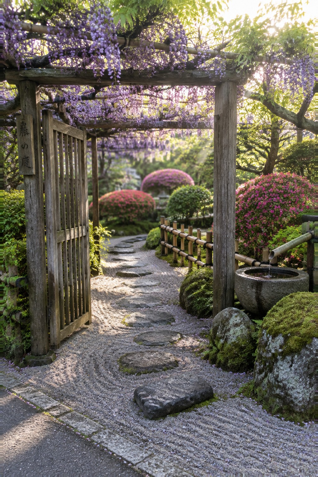 A wooden garden pergola covered in purple wisteria stands over a stone path beside a bamboo water feature.