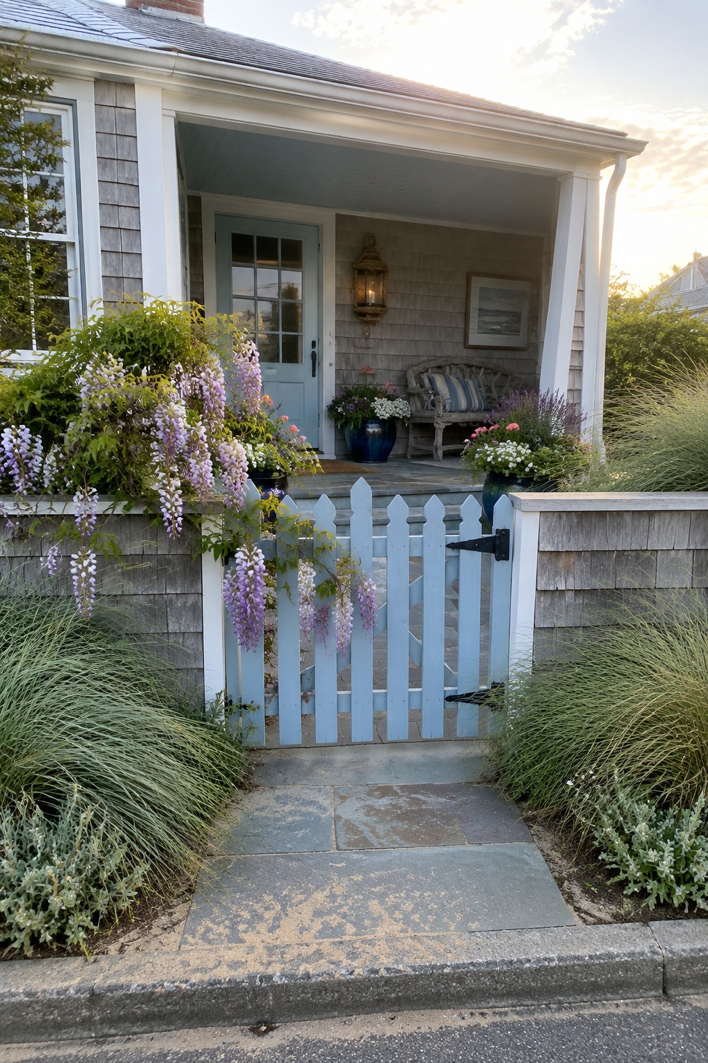 A pale blue picket gate opens onto a stone path leading to a shingled house porch, with wisteria flowering along the fence.