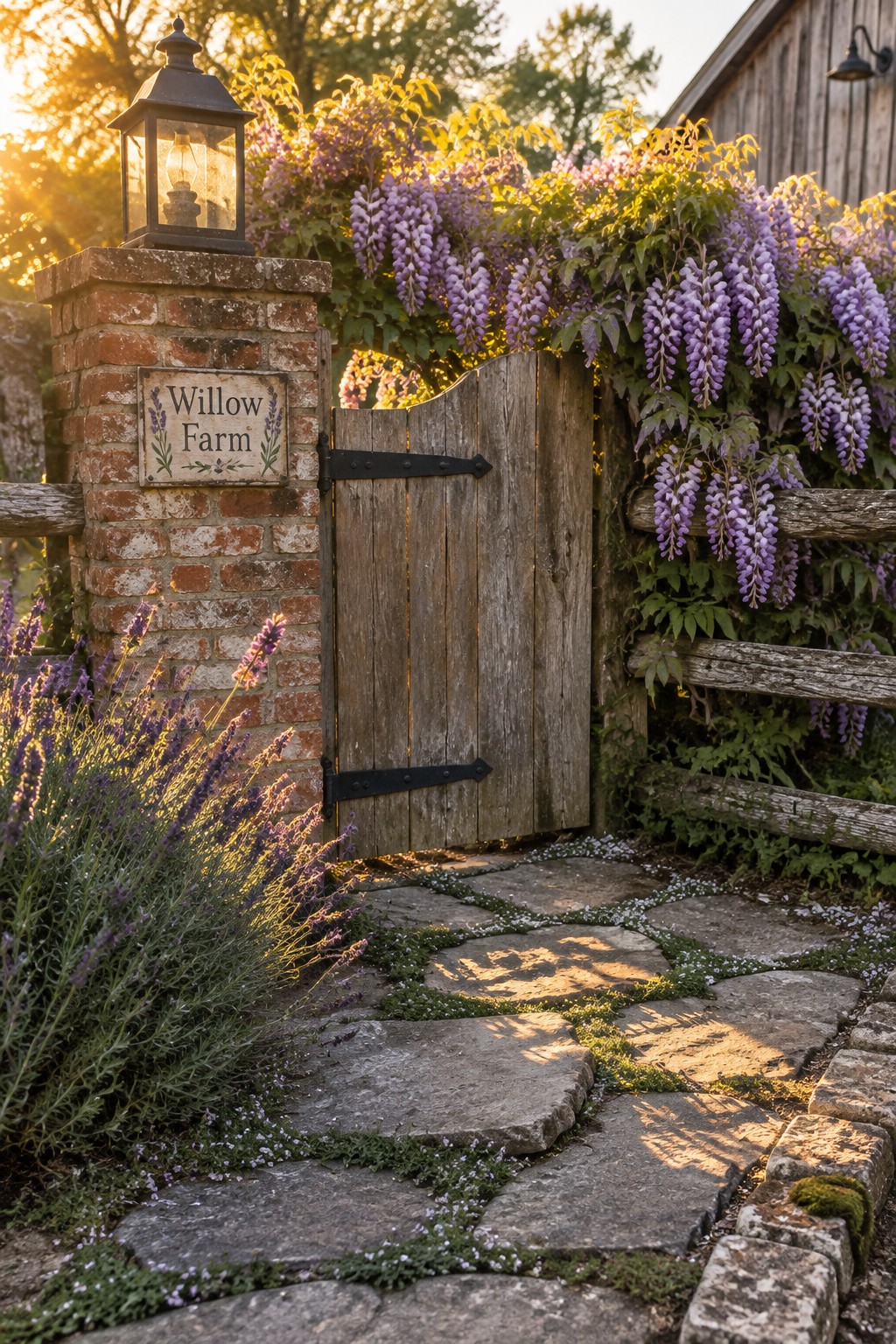 A weathered wooden garden gate beside a brick pillar, with purple wisteria growing over the fence.
