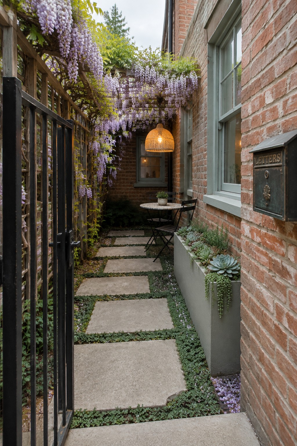 A narrow brick courtyard with stepping stones, a wisteria-covered pergola, and a small table and chairs.