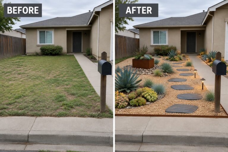 Before-and-after front yard showing patchy lawn transformed into succulent gravel garden with stone path.