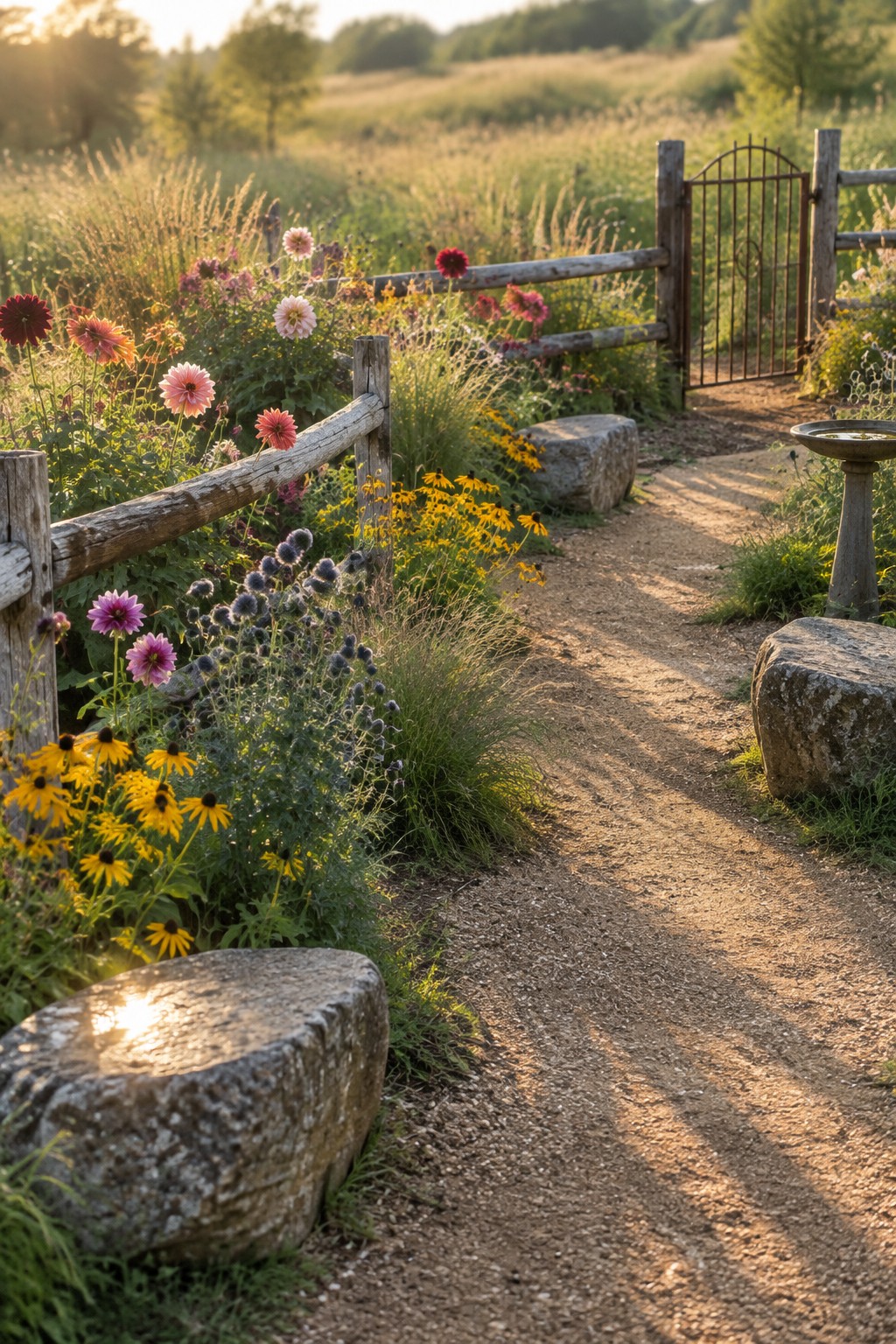 A gravel garden path runs beside a rustic wooden fence and metal gate, with dahlias, yellow flowers, and grasses growing along the fence.