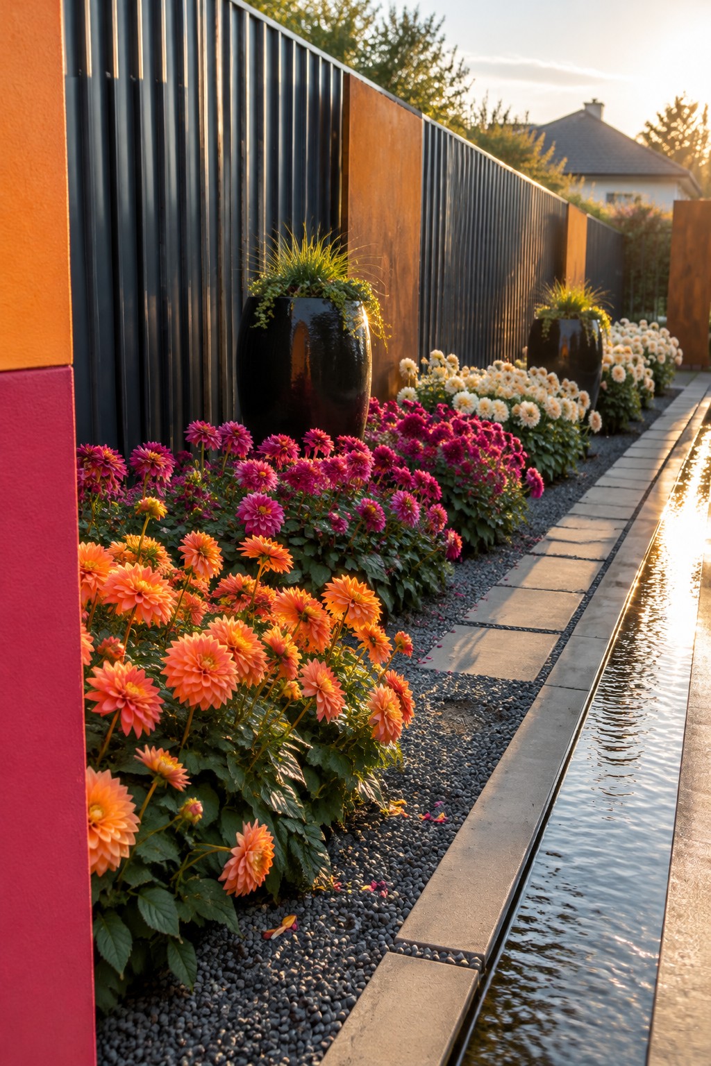 Orange, pink, and cream dahlias grow in a gravel border beside a black fence and a narrow water channel.