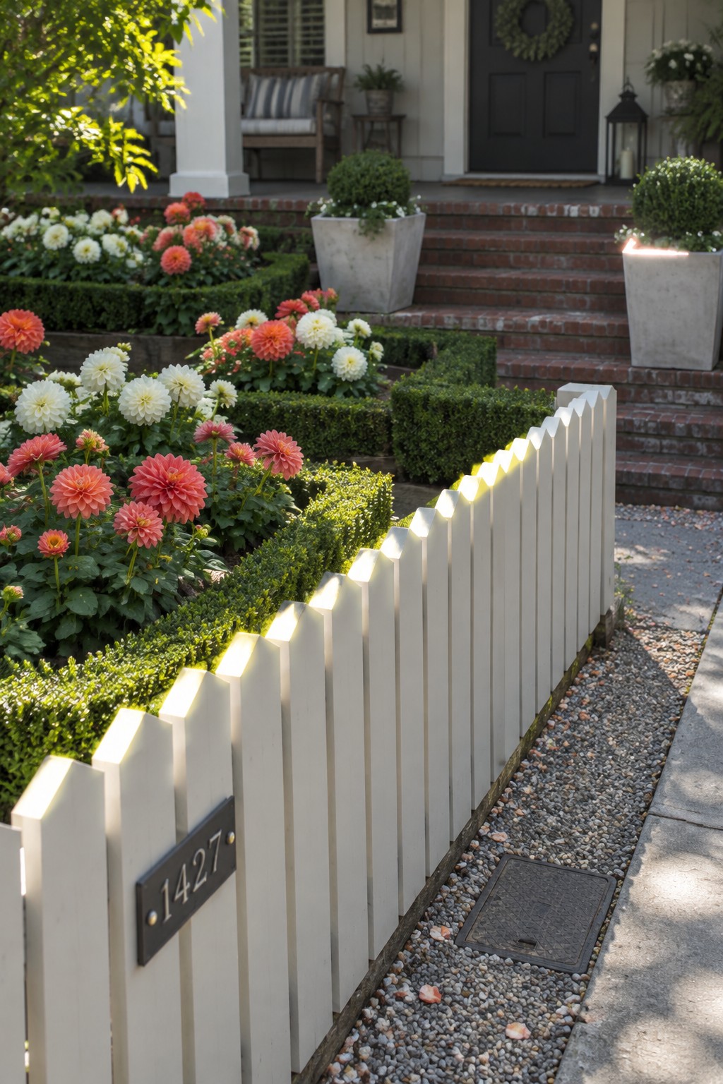 A low white picket fence borders a flower garden with coral and white dahlias beside a gravel path leading to brick steps.