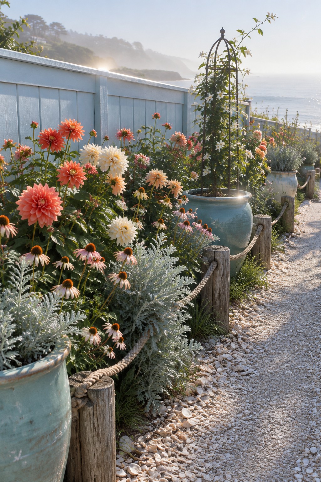 Coral and cream dahlias and other flowers grow beside a blue fence, with rope strung between wooden posts along a gravel path.