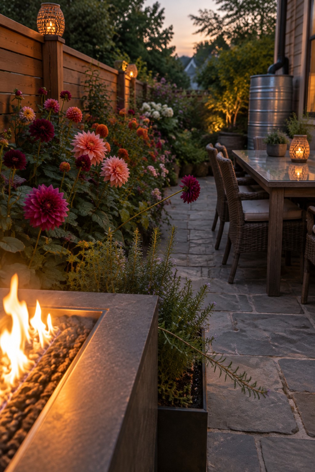 Pink and burgundy dahlias grow beside a stone path leading through a fenced garden with a patio table and fire pit.