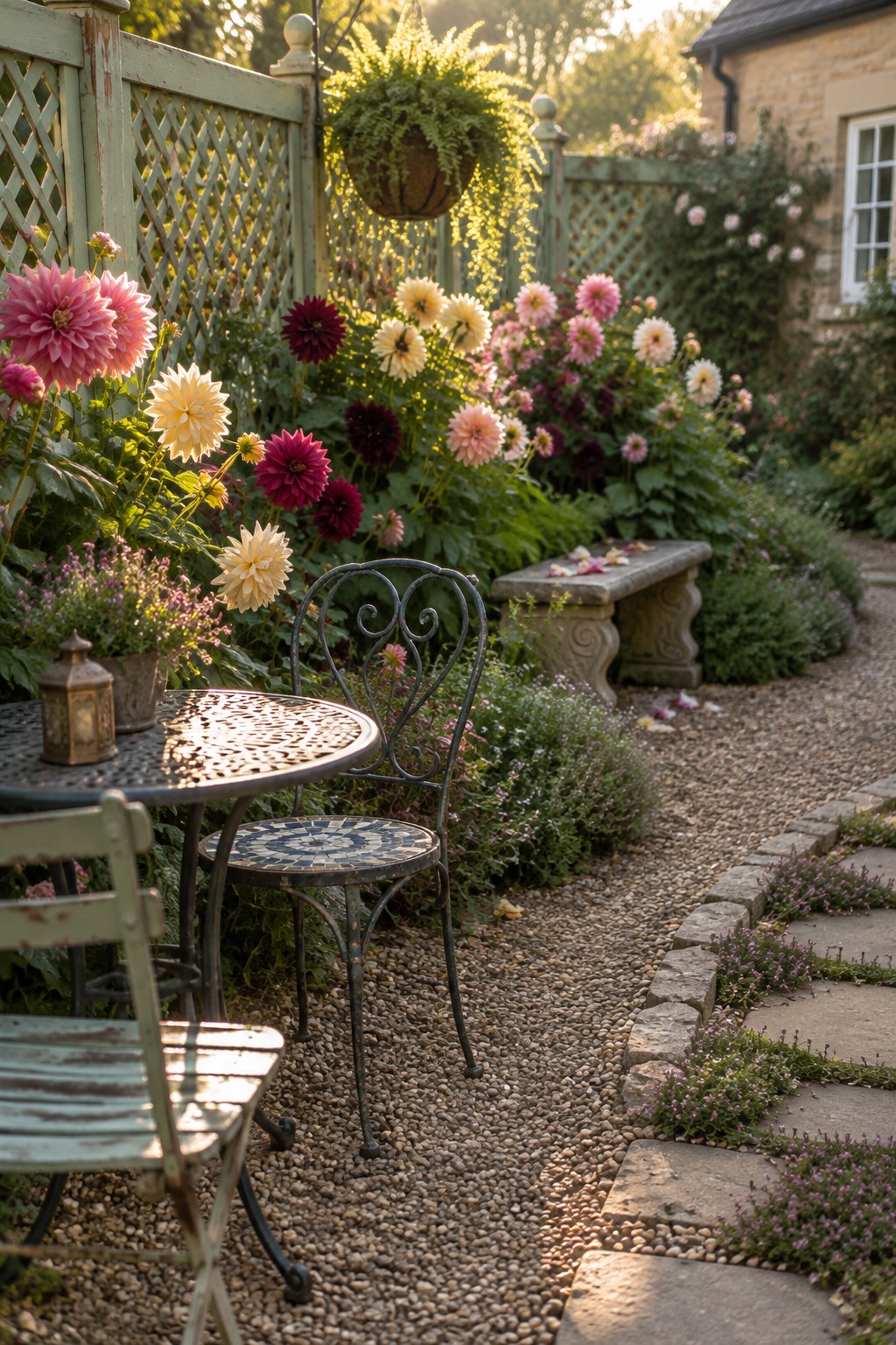 Pink, yellow, and burgundy dahlias grow along a green lattice fence beside a gravel path and garden seating.