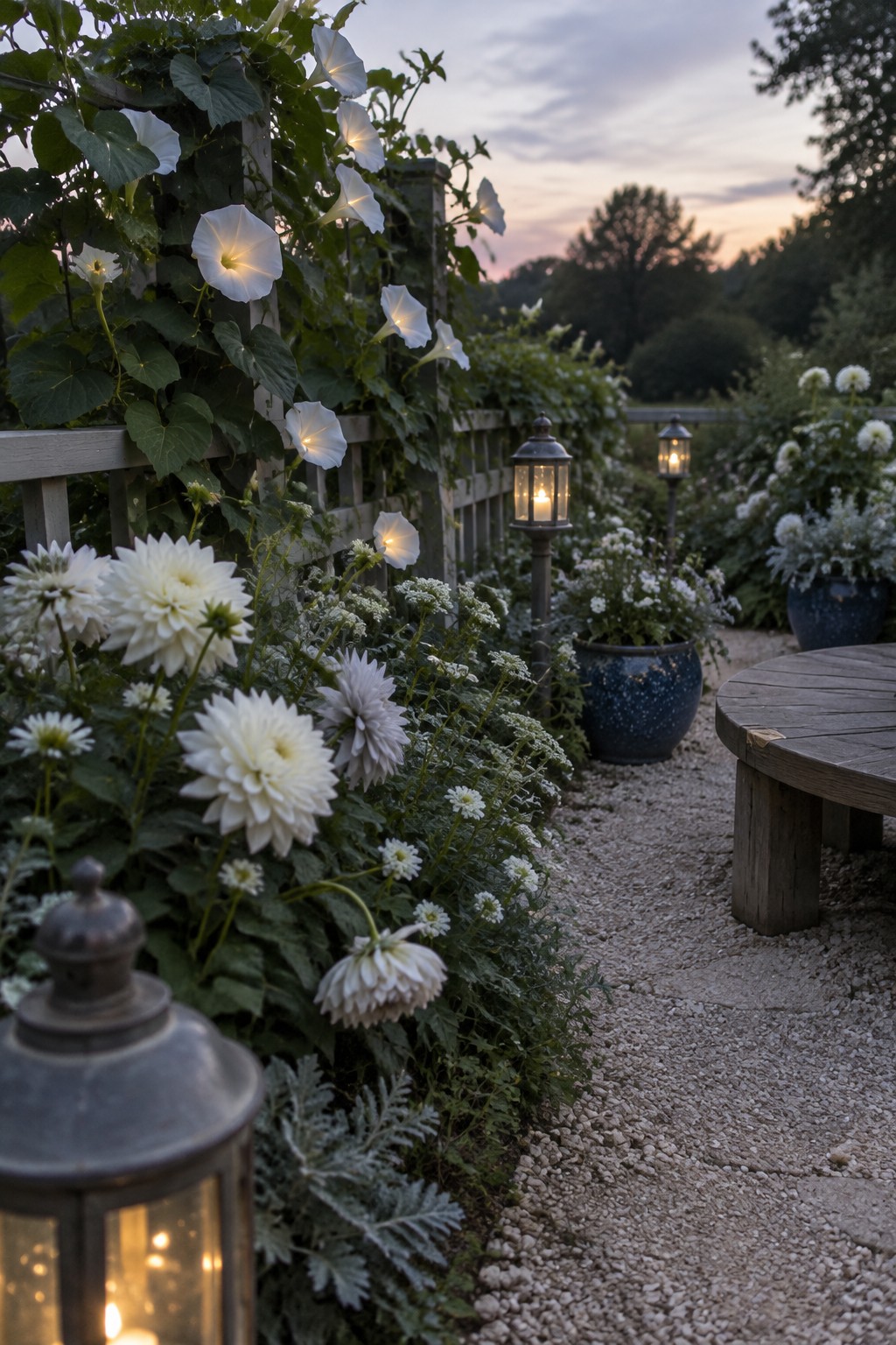 White flowers and leafy vines grow along a wooden garden fence beside a gravel path with lit lanterns and blue planters.