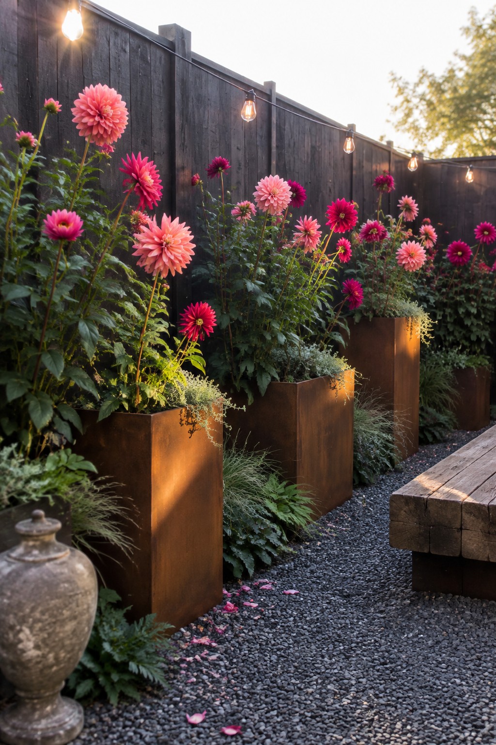 Tall rust-colored planters filled with pink and magenta dahlias line a dark wooden fence beside a gravel path.