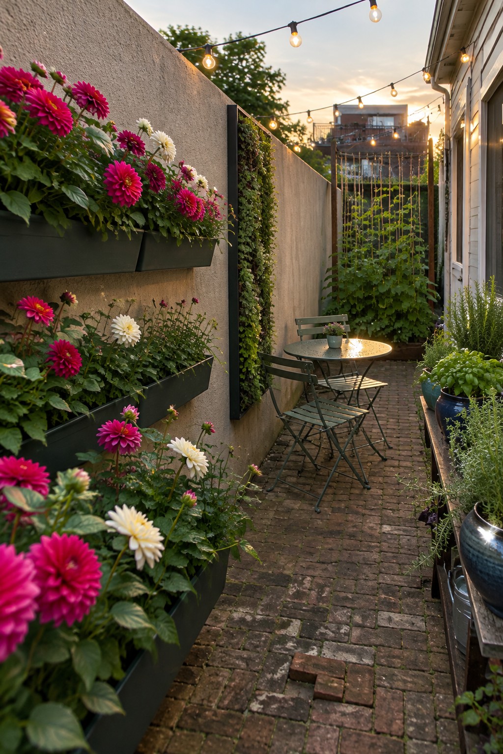 Magenta and white dahlias grow in long black wall planters beside a narrow brick path with a small table and chairs.