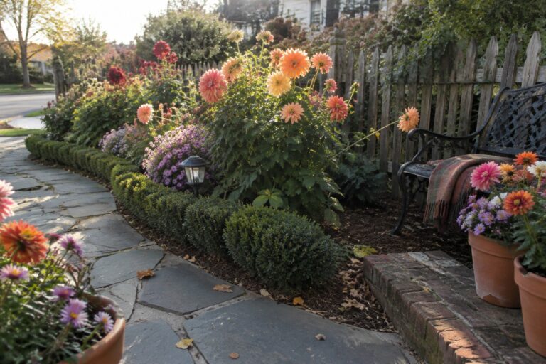 20 Fall Dahlia Landscaping Ideas for Late-Season Color A curving stone path passes a garden bed of pink, orange, and yellow dahlias beside a wooden picket fence.