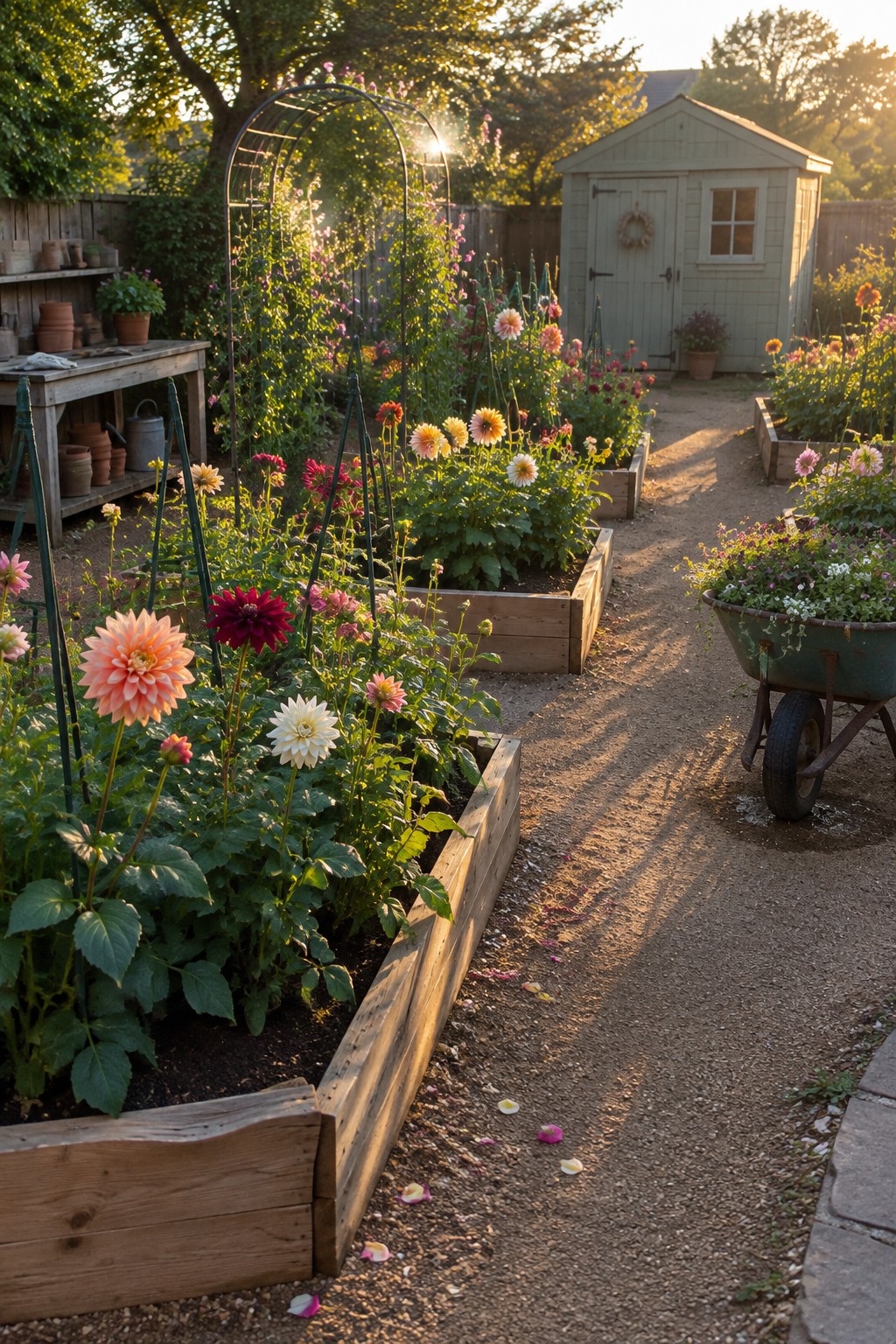Raised wooden garden beds filled with colorful dahlias beside a gravel path in a fenced backyard.