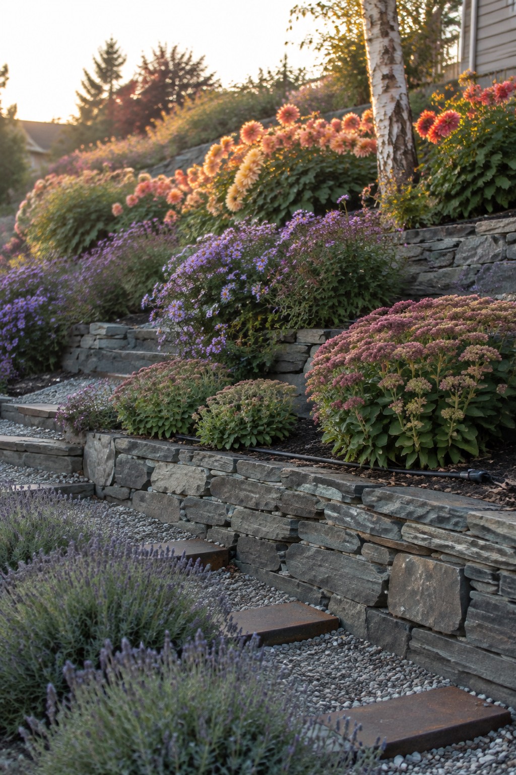 Terraced stone garden beds filled with pink and orange dahlias, purple asters, and other plants.