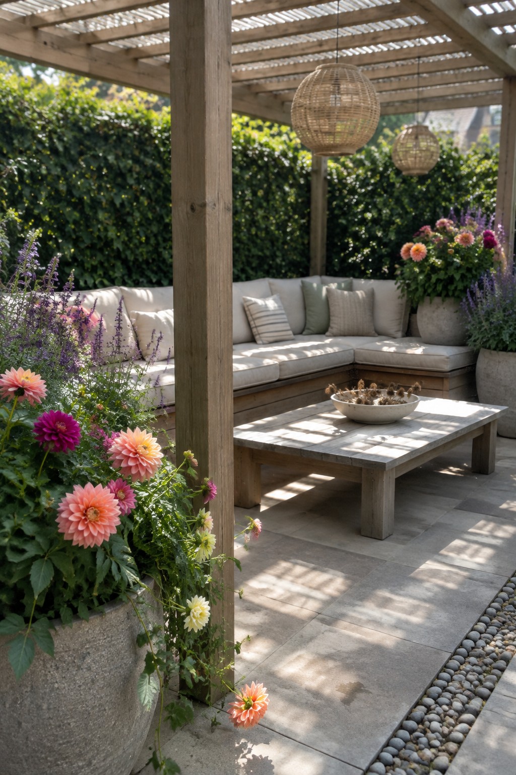 A pergola-covered patio with a built-in cushioned bench, stone coffee table, and pink and purple dahlias in large planters.