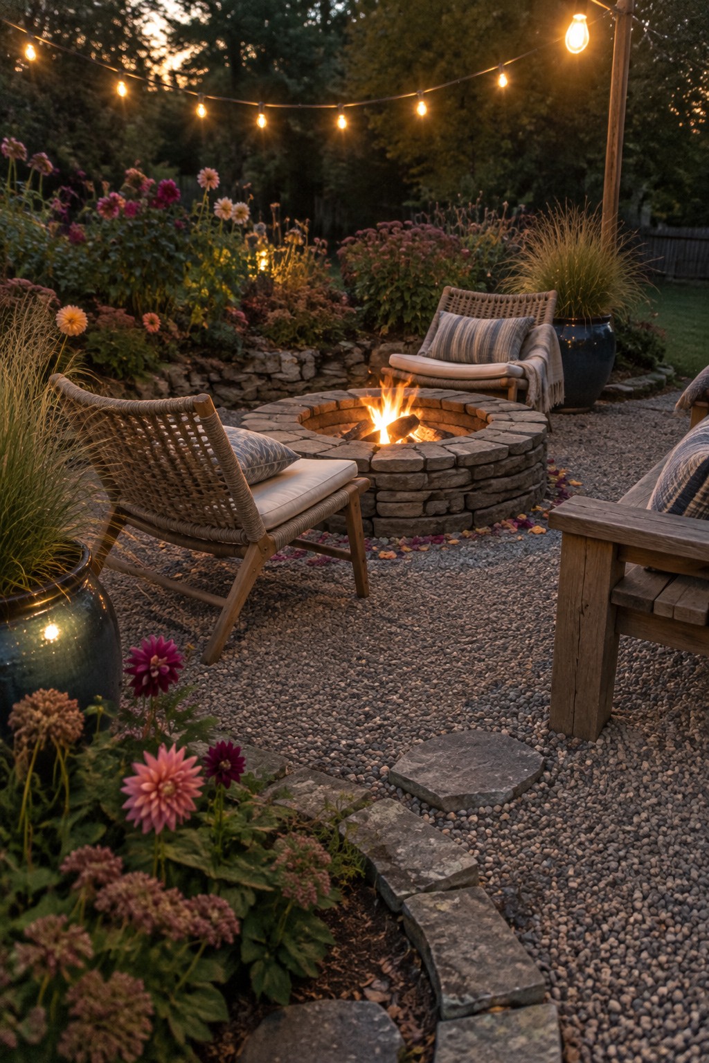 A gravel fire pit area with woven chairs, string lights, and flower beds containing pink, purple, and yellow dahlias.