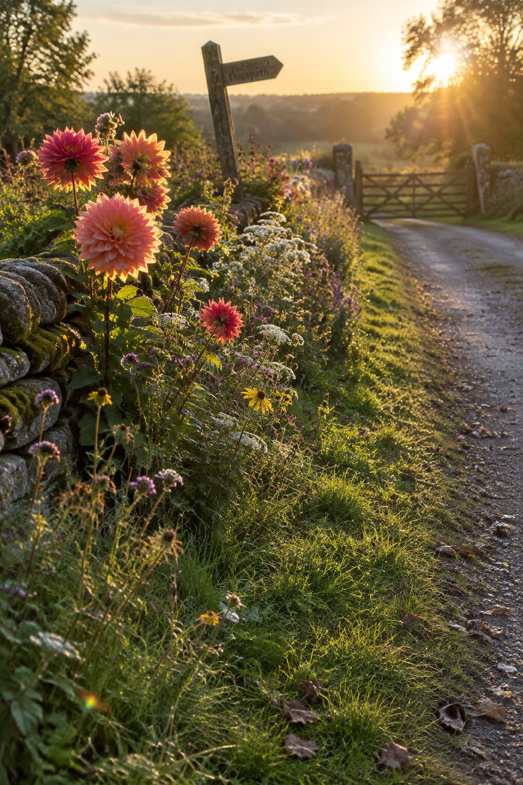 Pink and orange dahlias grow beside a gravel path bordered by a low stone wall and leading to a wooden gate.