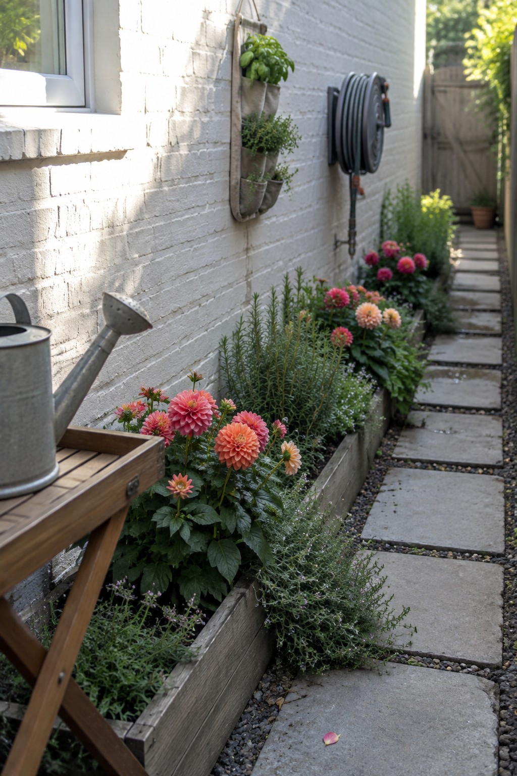 Pink and peach dahlias grow in a raised bed beside a white brick wall and a stepping-stone path.