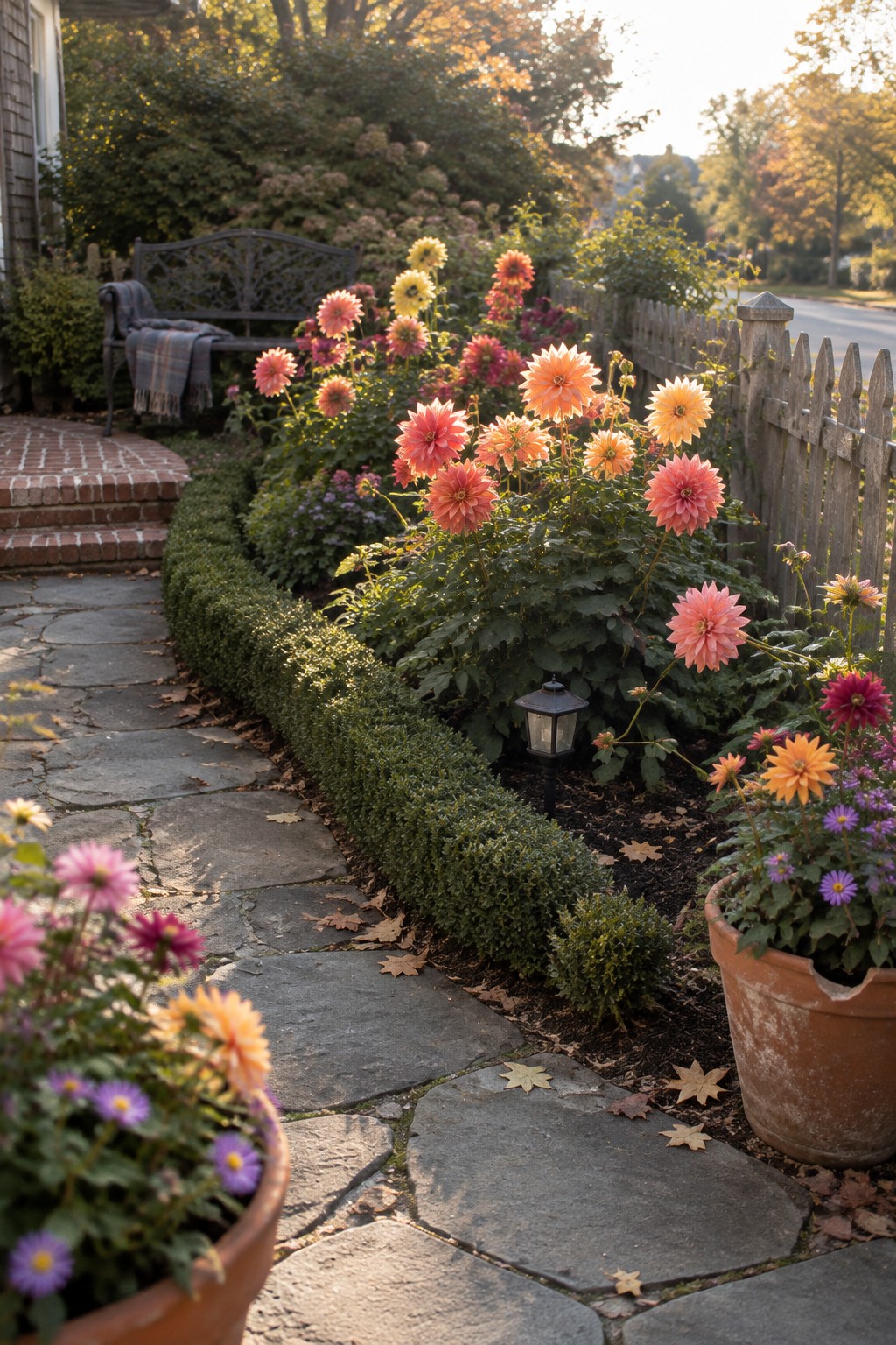 A curving stone path passes a garden bed of pink, orange, and yellow dahlias beside a wooden picket fence.