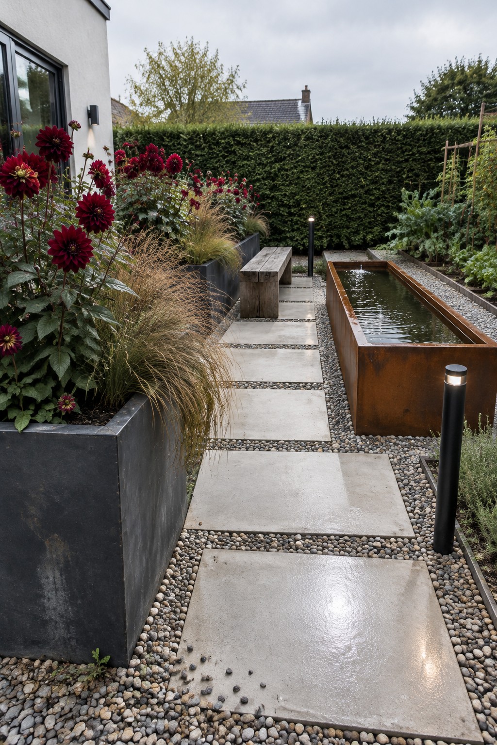 Burgundy dahlias and ornamental grasses grow in a raised bed beside concrete stepping stones and a long water trough.