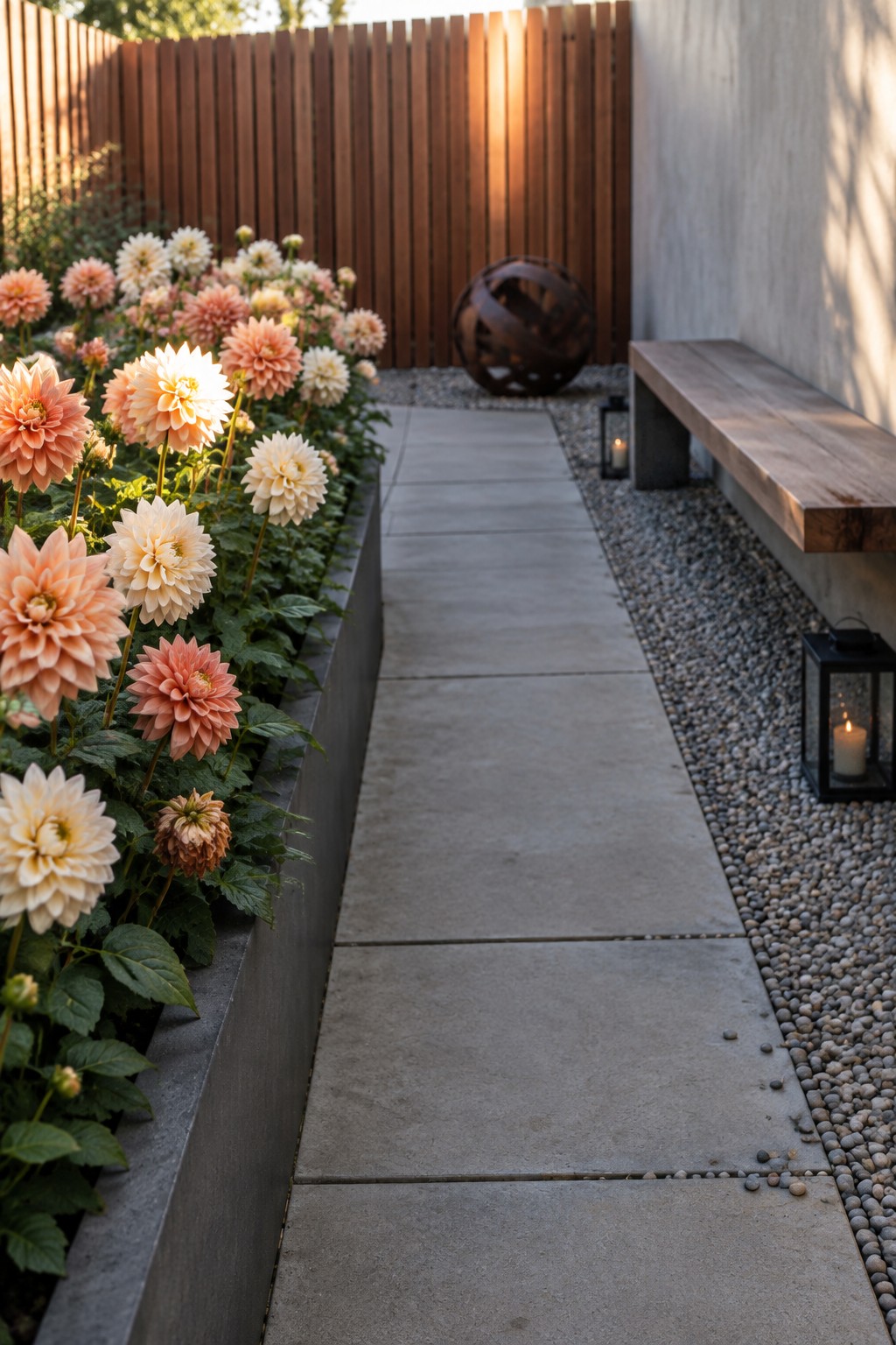A straight concrete path runs beside a raised bed of peach and cream dahlias in a small enclosed garden.