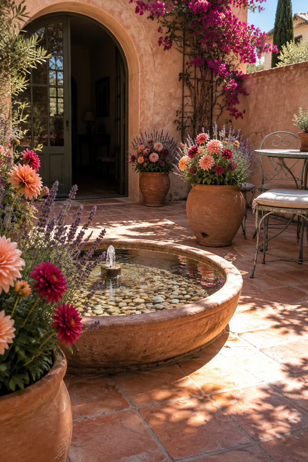 Terracotta pots of dahlias and other flowers sit beside a tiled courtyard patio with a shallow stone fountain and metal chairs.