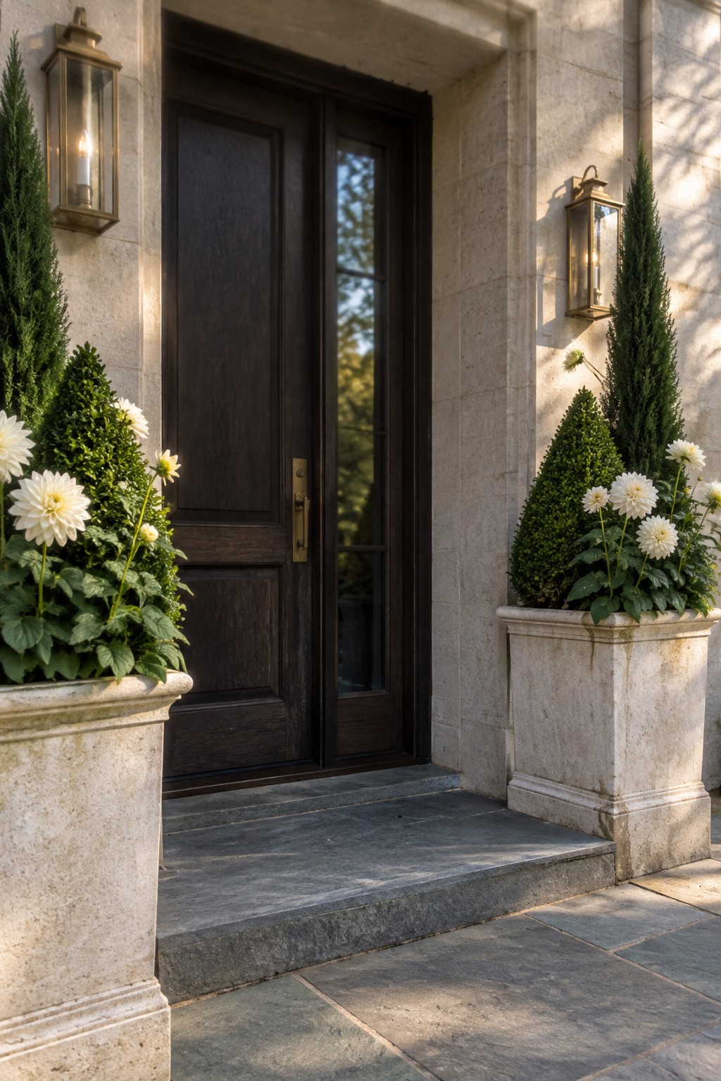 Two stone planters filled with white dahlias and greenery flank a dark wooden front door.