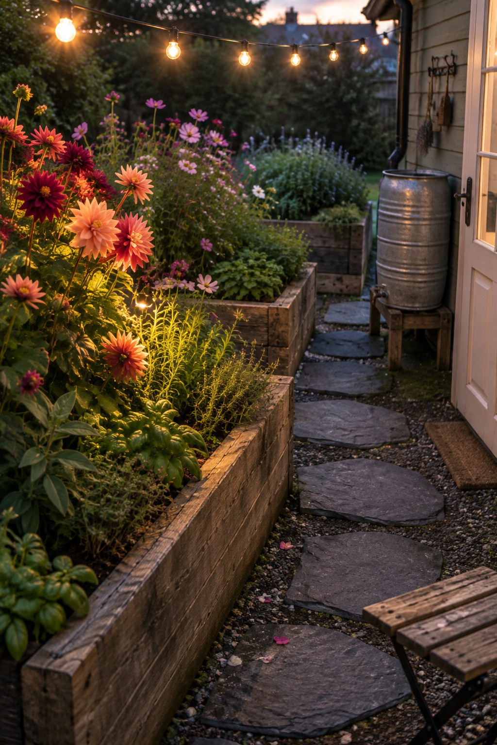 A stepping-stone path runs between raised flower beds filled with dahlias and other flowers, beneath string lights.