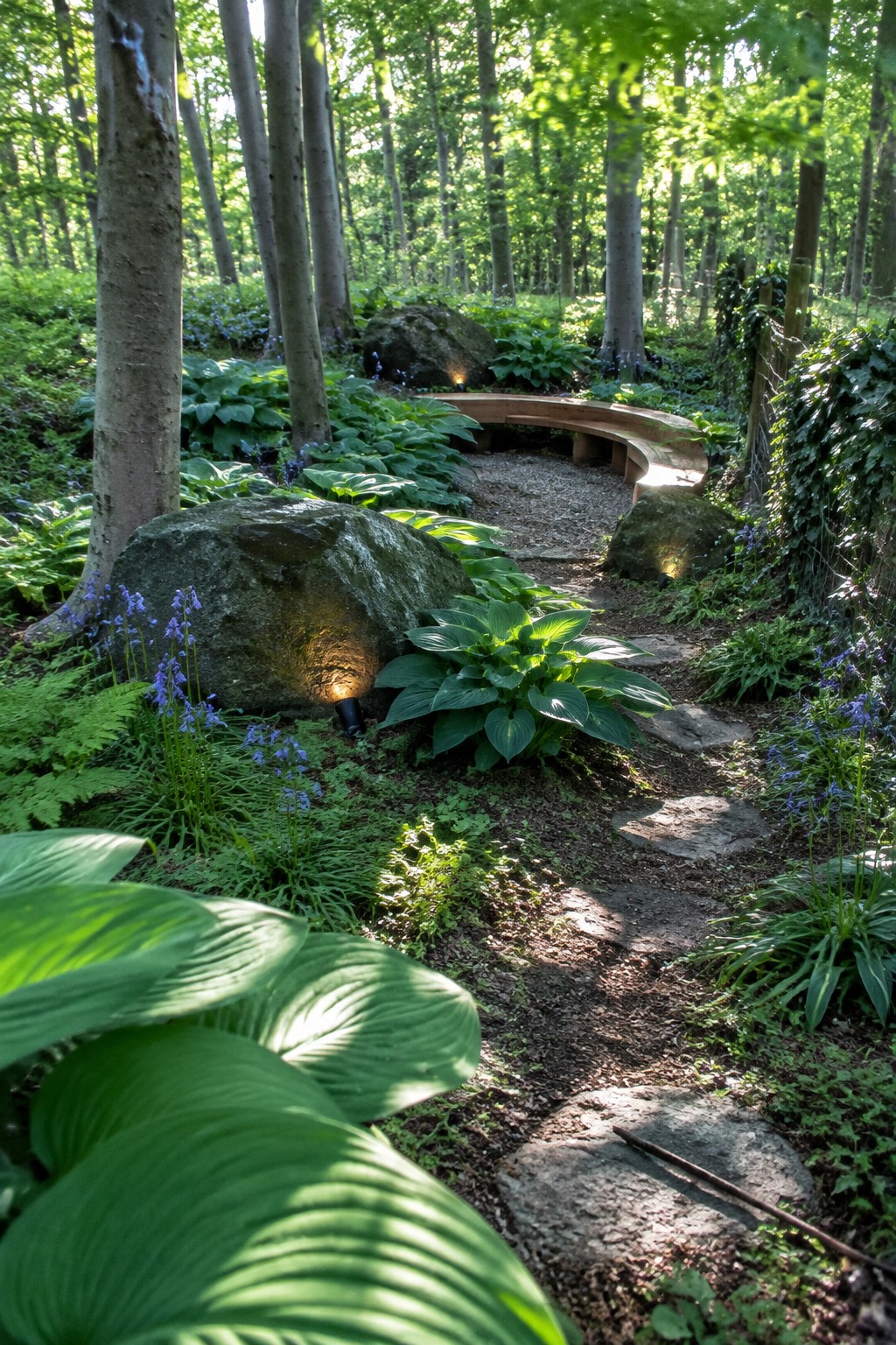 A curved wooden bench sits beside a gravel path among hostas, rocks, and trees.