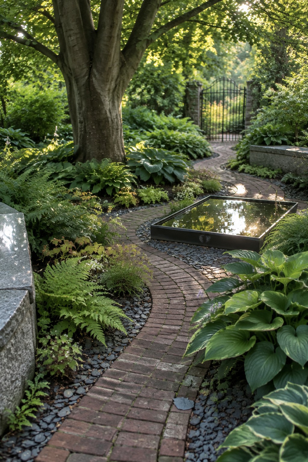 A curving brick path passes hosta beds and a rectangular reflecting pool beneath a large tree.