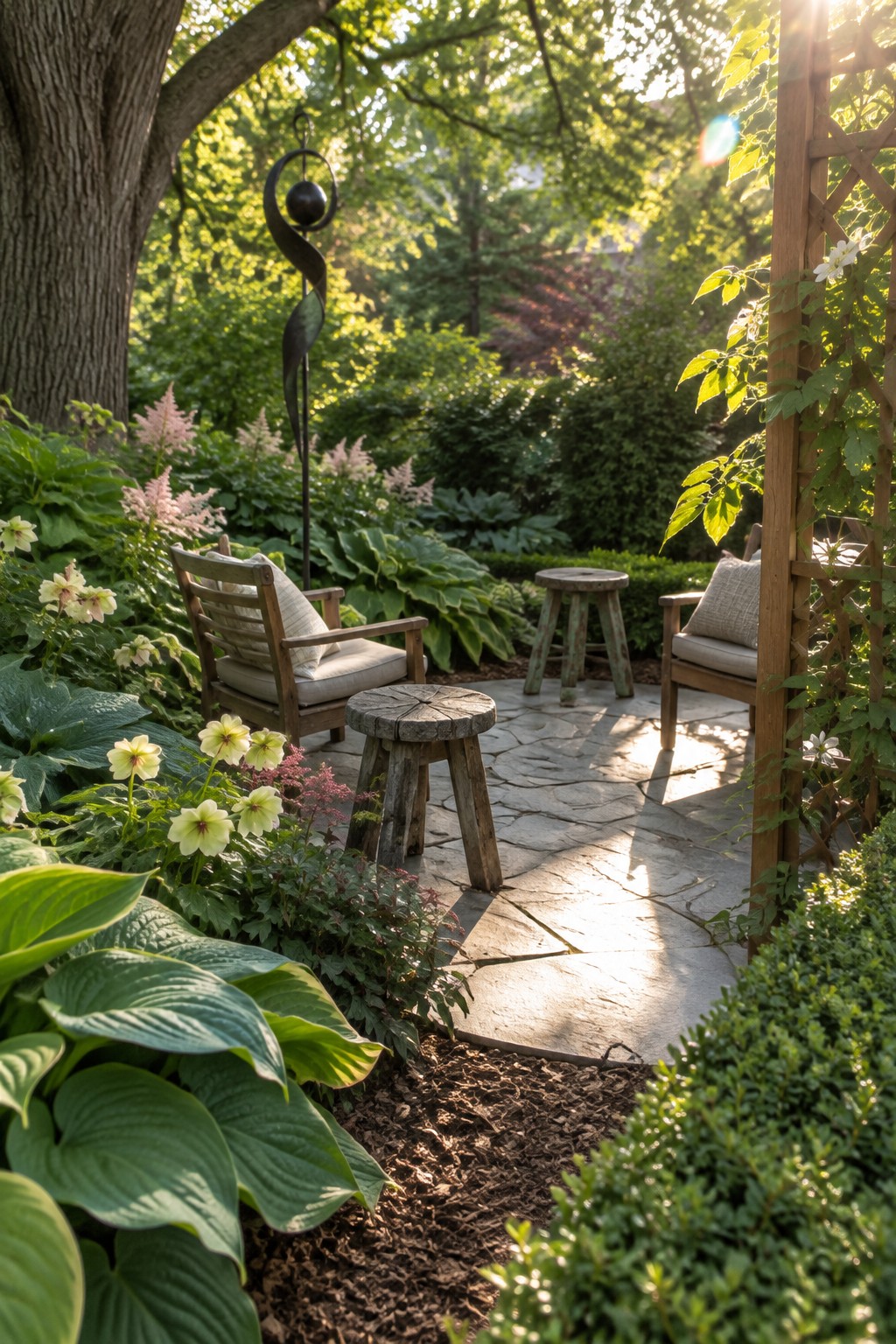 A stone path winds through a shaded garden with hostas, flowering plants, two wooden chairs, and small stools.