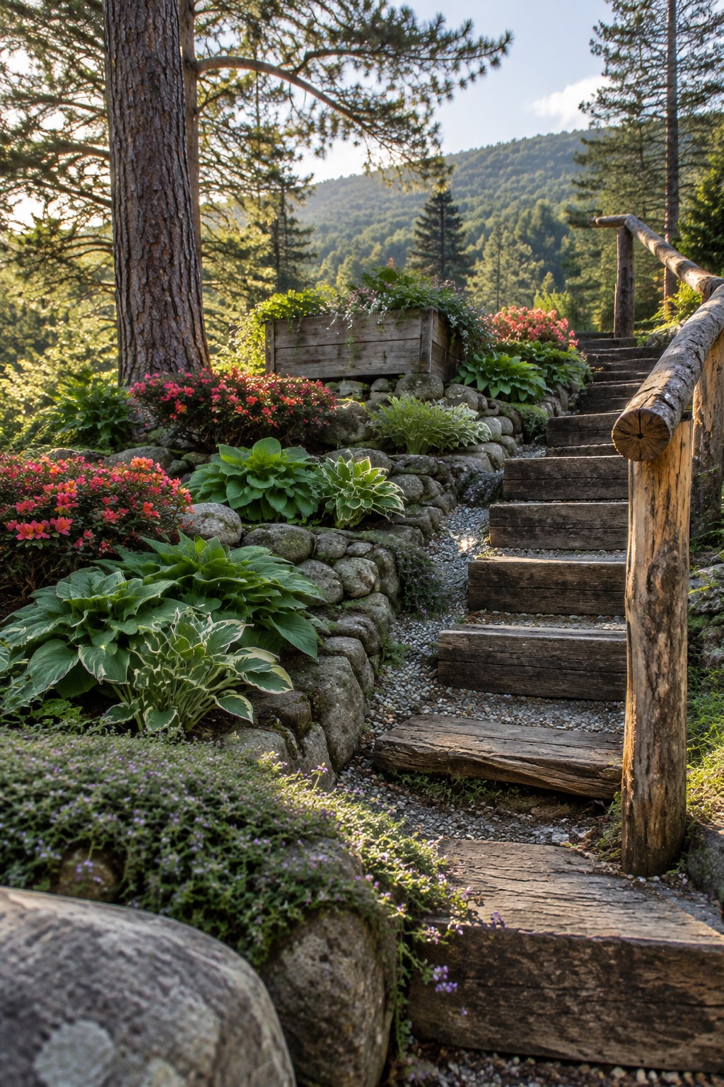 Wooden steps with a log handrail climb through stone-edged garden beds planted with hostas and flowers.