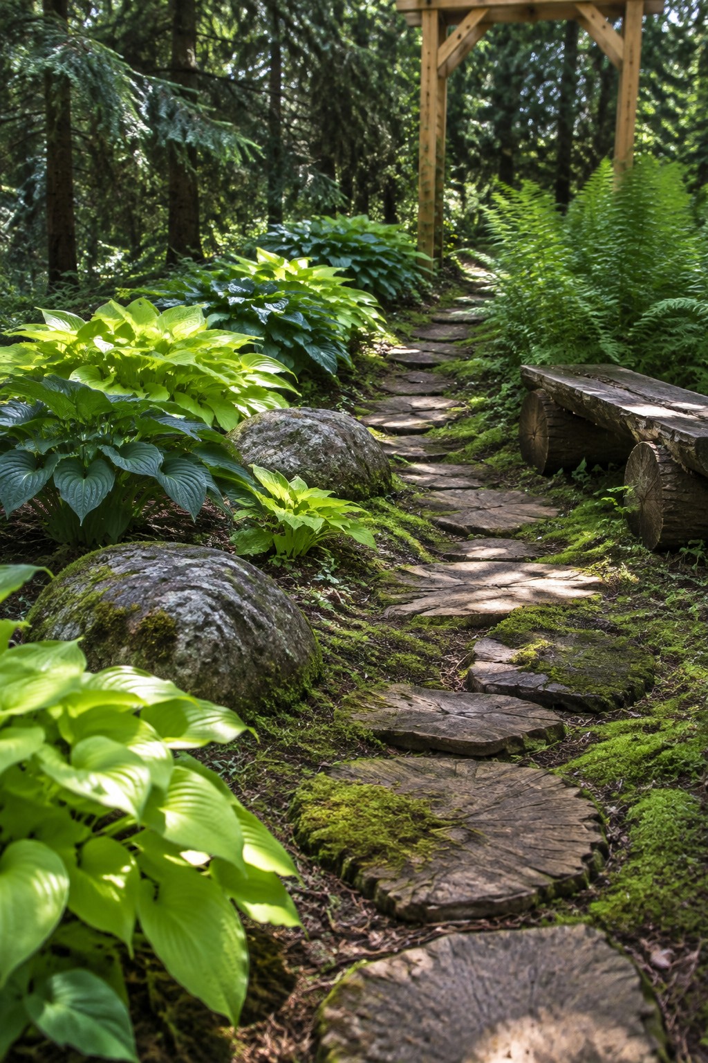 Irregular stone steps wind through a woodland garden bordered by hostas and ferns, with a wooden bench beside the path.