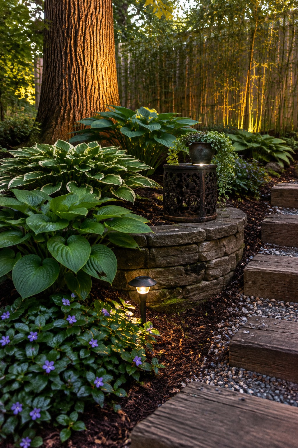 Variegated hostas and purple flowers grow beside a curved stone retaining wall beneath a large tree.