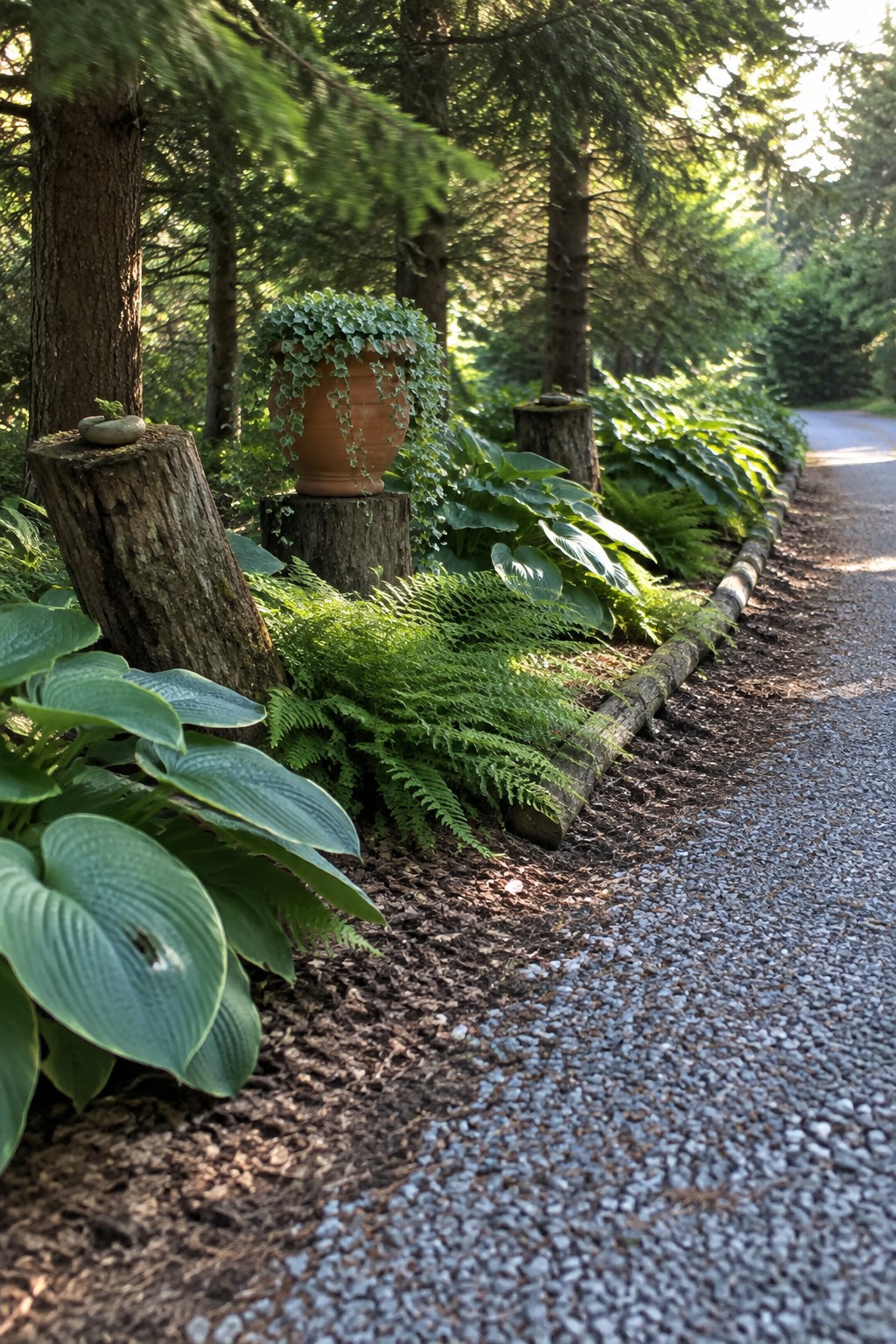 Broad hosta leaves and ferns border a gravel path through a wooded garden.