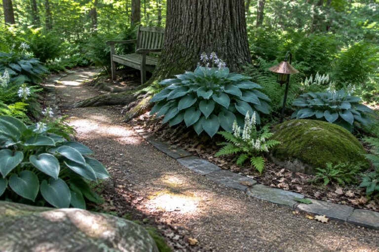 20 Hosta Landscaping Ideas Around Trees for Woodland Style Broad-leaved hostas and white flowers line a stone-edged path beneath a large tree in a shaded garden.