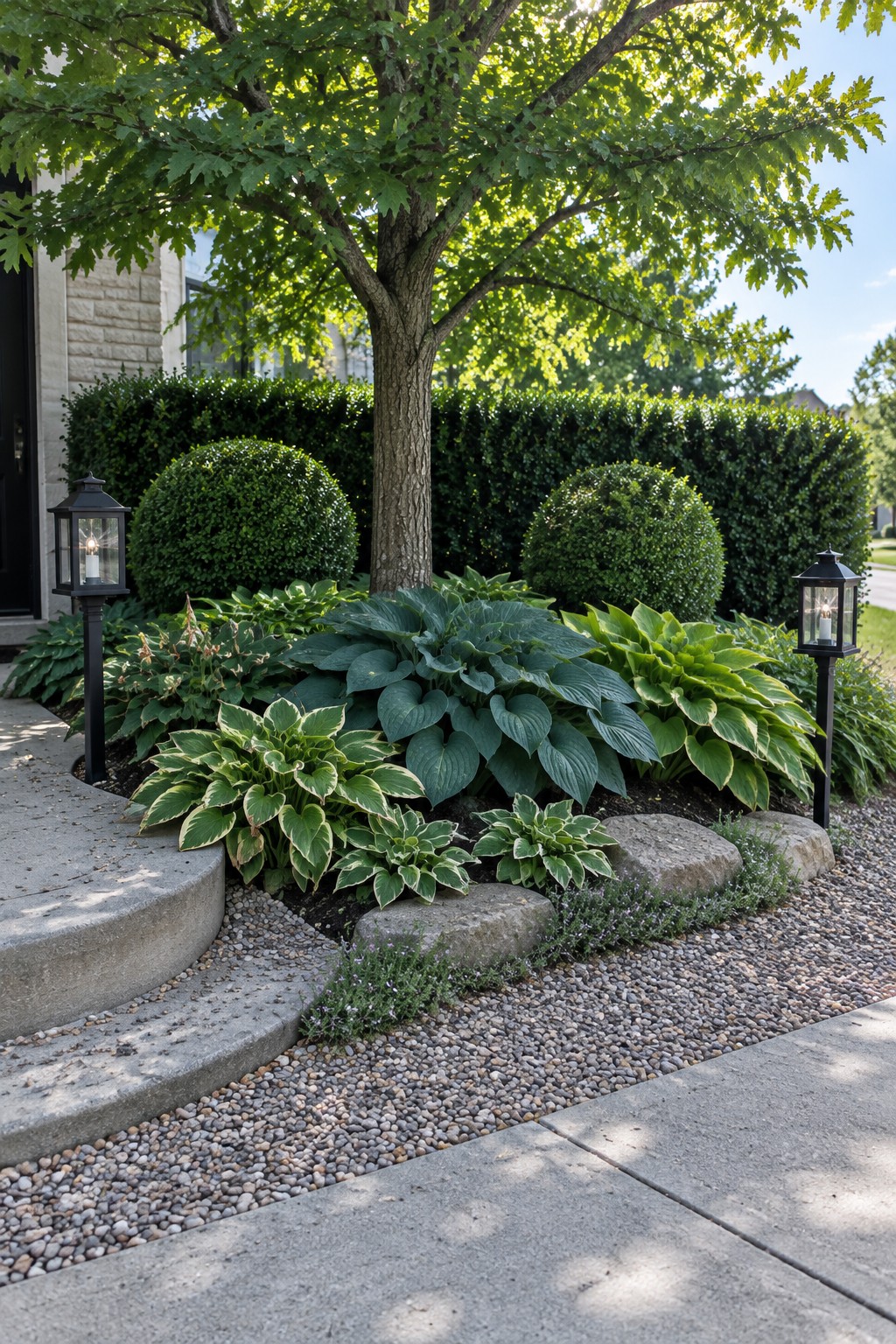 Large blue-green and variegated hostas grow in layers around a tree, edged by stones beside a pebble path.
