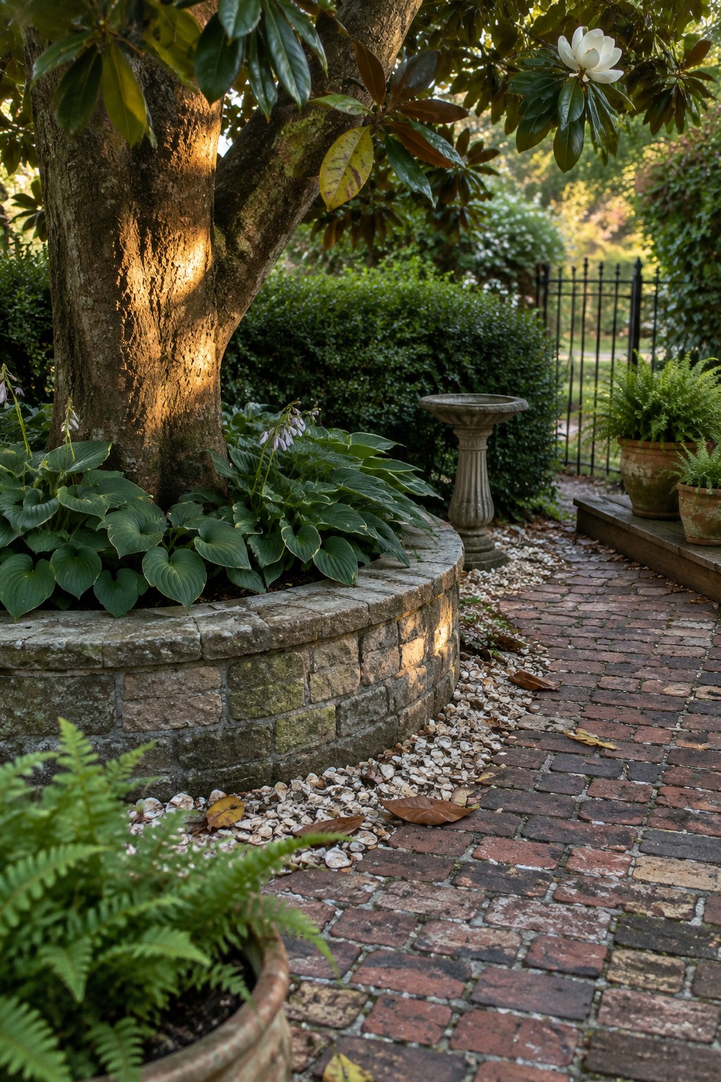 A curved stone retaining wall surrounds a large tree planted with hostas beside a brick garden path.
