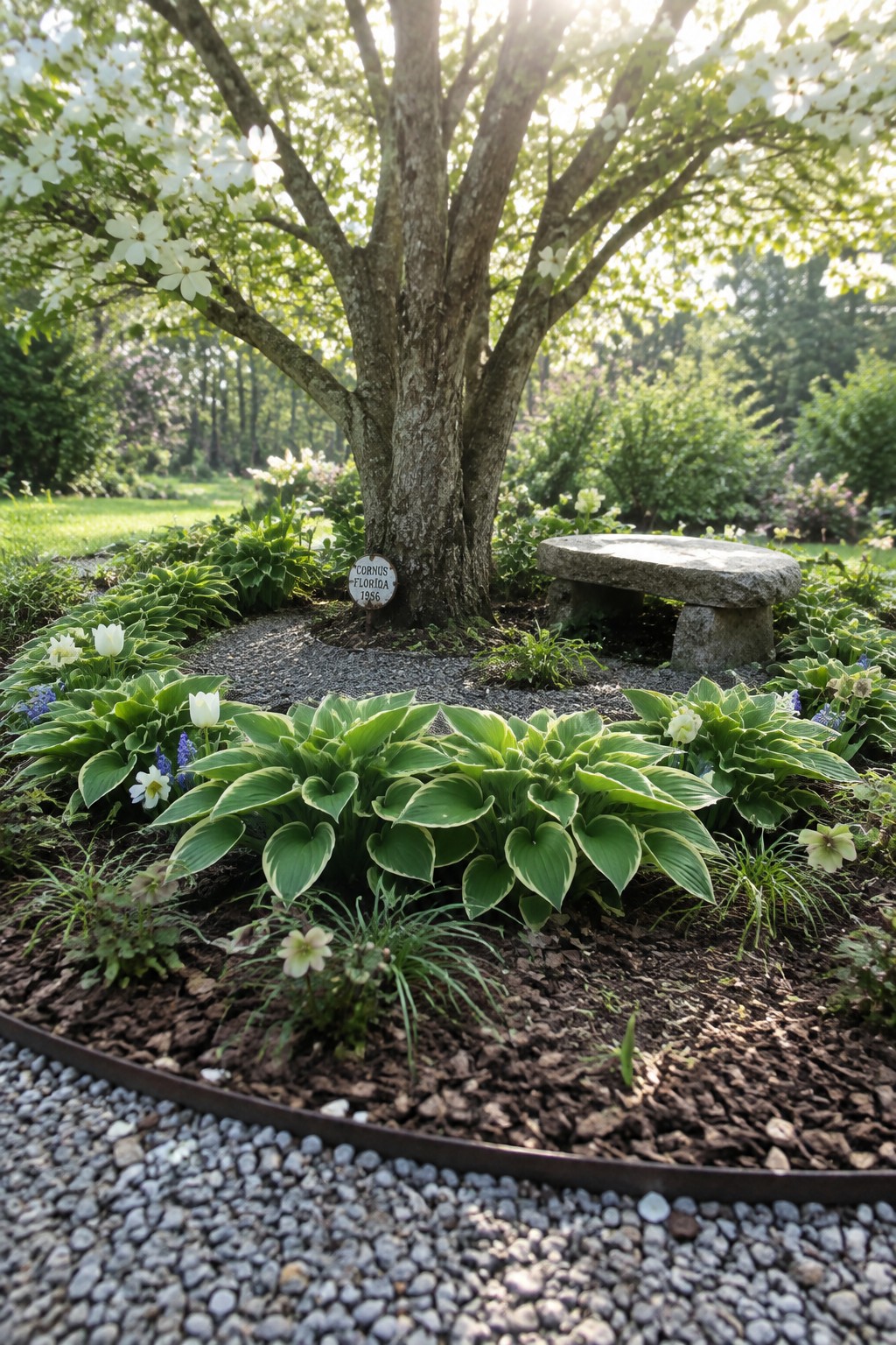 Broad-leaf hostas and small flowers grow around a mature tree beside a gravel path and stone bench.