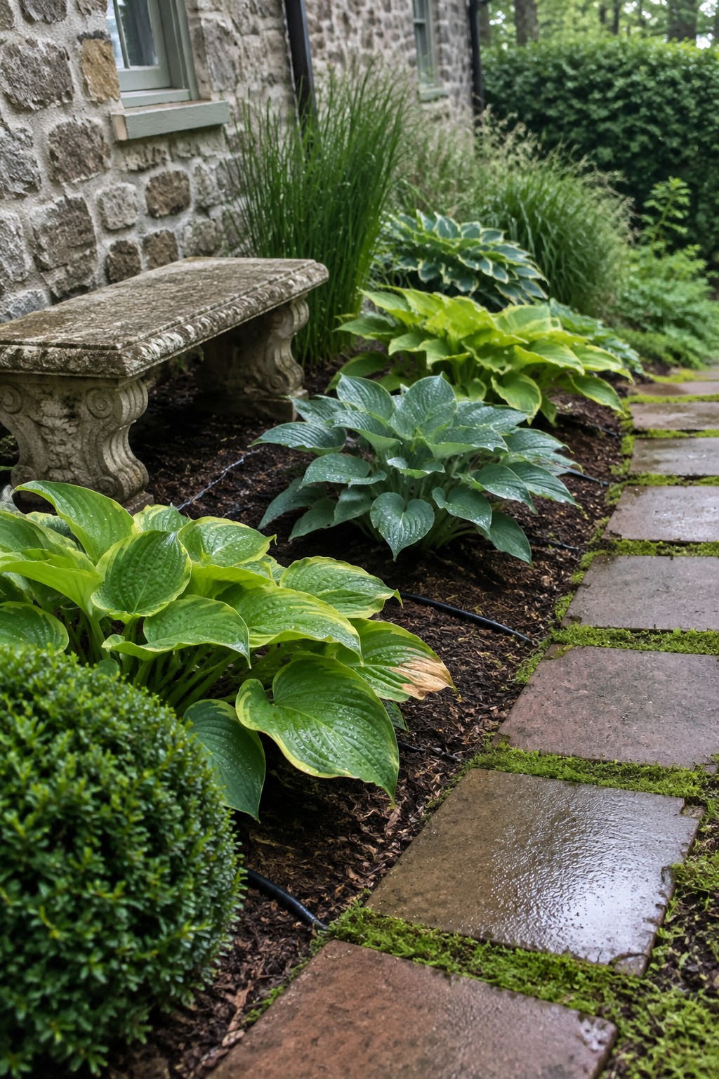 Broad-leaved hostas line a stone stepping-stone path beside a stone house and a garden bench.