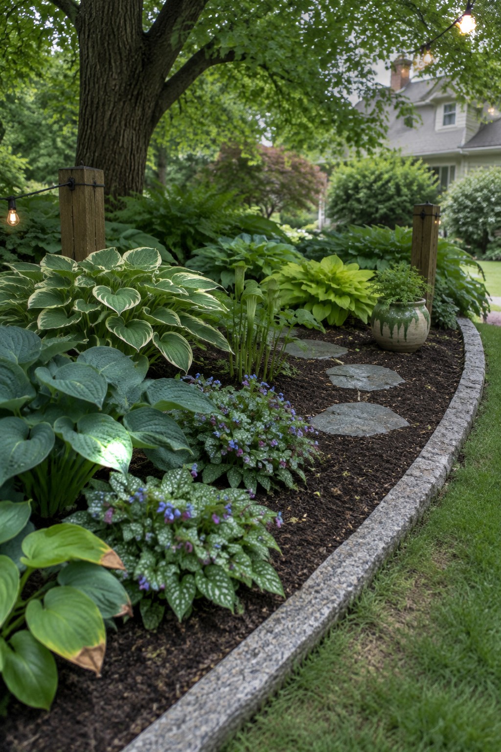 Variegated hostas and other shade plants grow beside a curved stone garden border with stepping stones beneath a large tree.