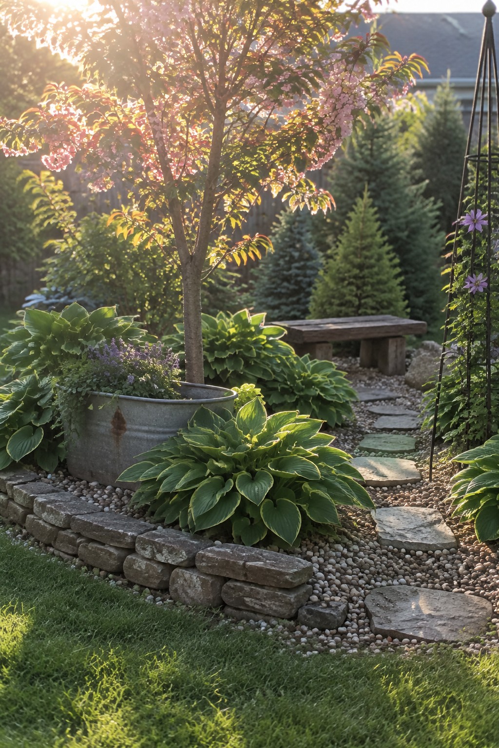 A flowering tree and hostas grow inside a curved stone-edged garden bed beside a pebble path with stepping stones.