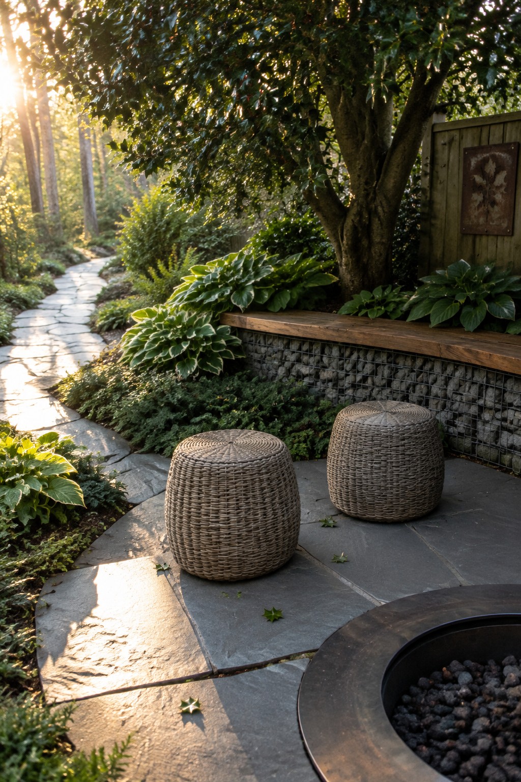 A stone patio with two woven stools sits beside a woodland path and hosta beds beneath trees.