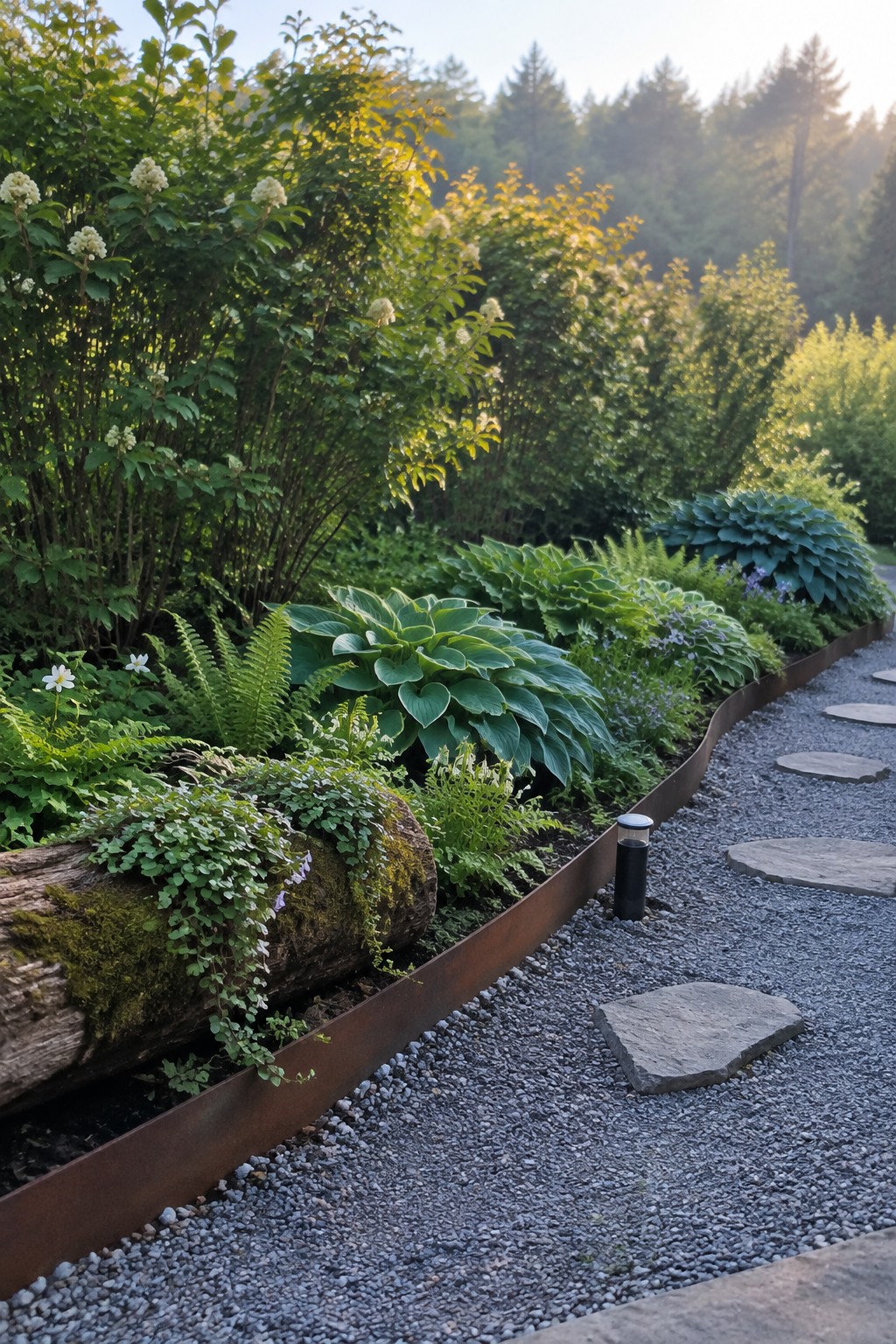 A gravel garden path with stone stepping pads runs beside a curved metal-edged bed of hostas, ferns, flowering shrubs, and a moss-covered log.