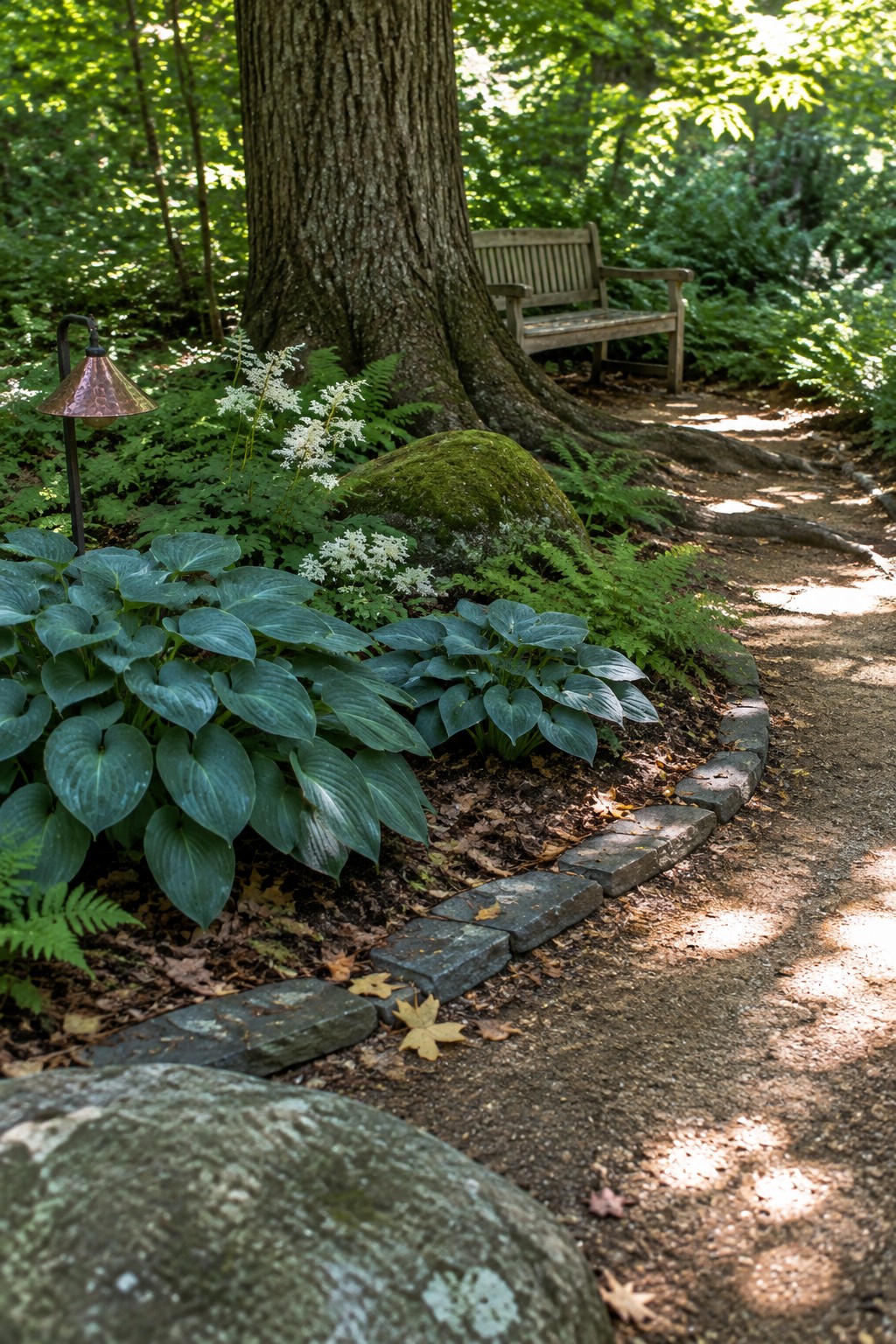 Broad-leaved hostas and white flowers line a stone-edged path beneath a large tree in a shaded garden.