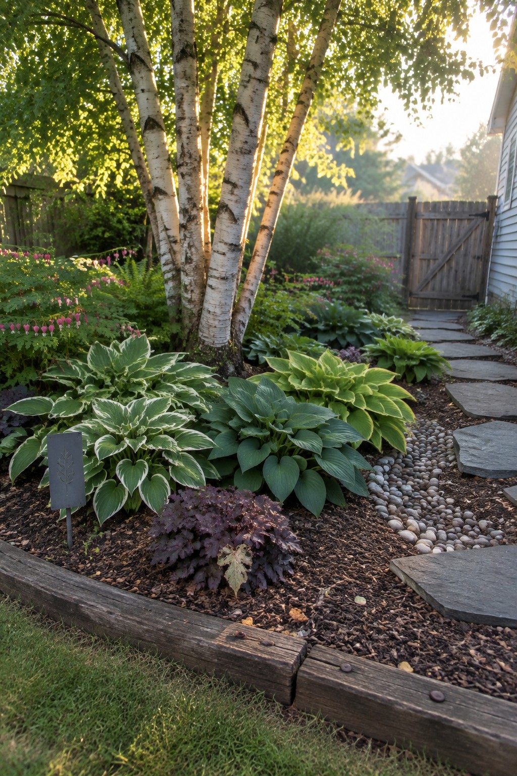 Green and cream-edged hostas grow around several white-barked birch trunks beside a stone path.