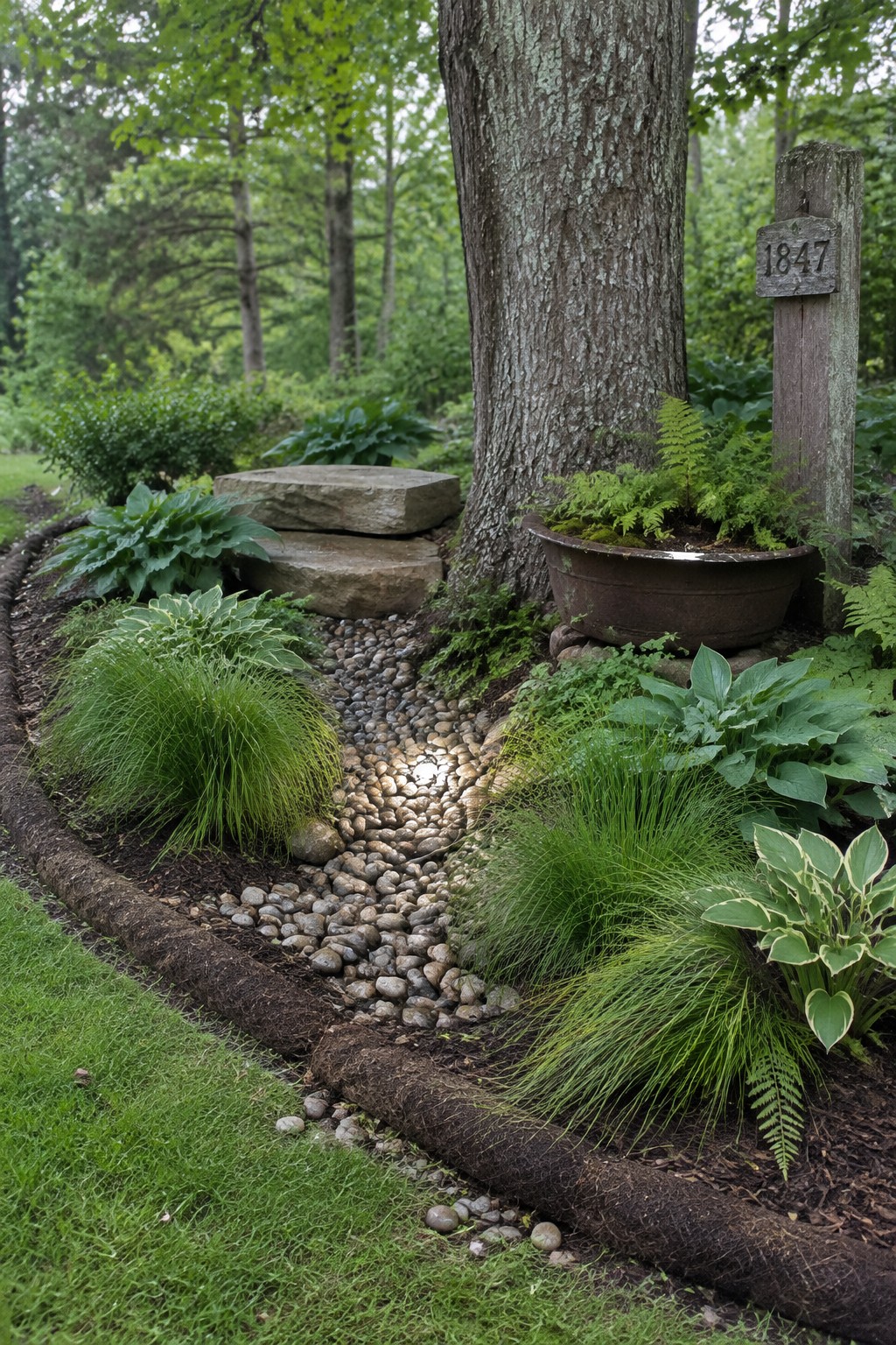 A curved pebble path runs through a woodland garden beside hostas, grasses, stone steps, and a large tree.